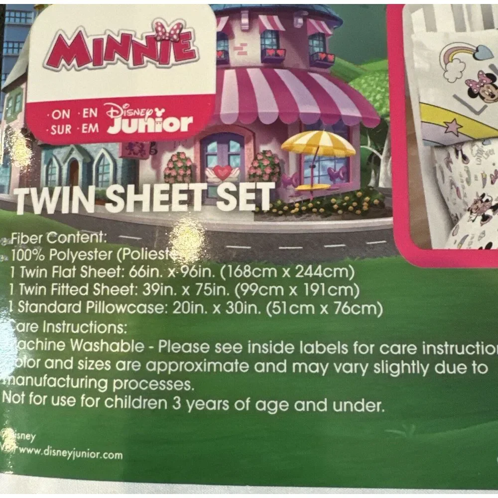 Disney Minnie Mouse Kids Bedding Twin Sheet Set White Pink Pllwcase‎ Flat Fitted